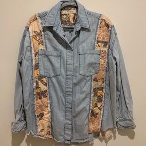 Free People Patchwork Denim Button Down Long Sleeve Shirt
